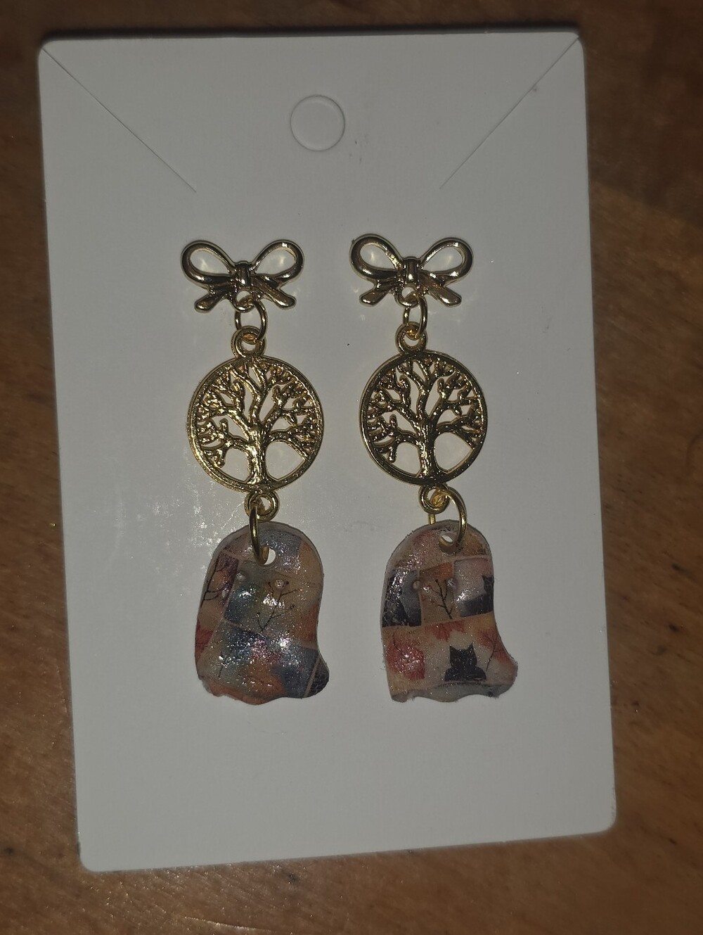 Tree Of Life & Polymer Clay Ghosts On Gold Toned Bows That Are Stud Posts